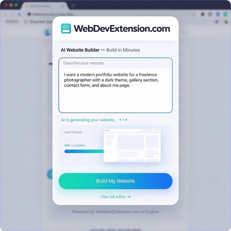WebDevExtension prompt box describing a photographer portfolio, with a progress bar while the site is generated